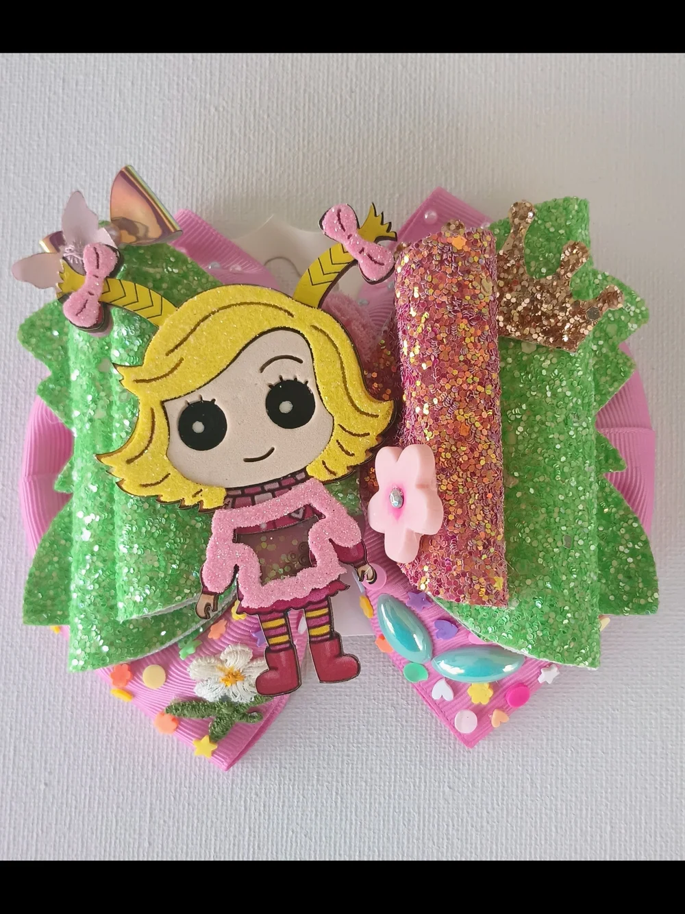 Handmade Sparkly Princess Character Hair Bow in Pink & Green